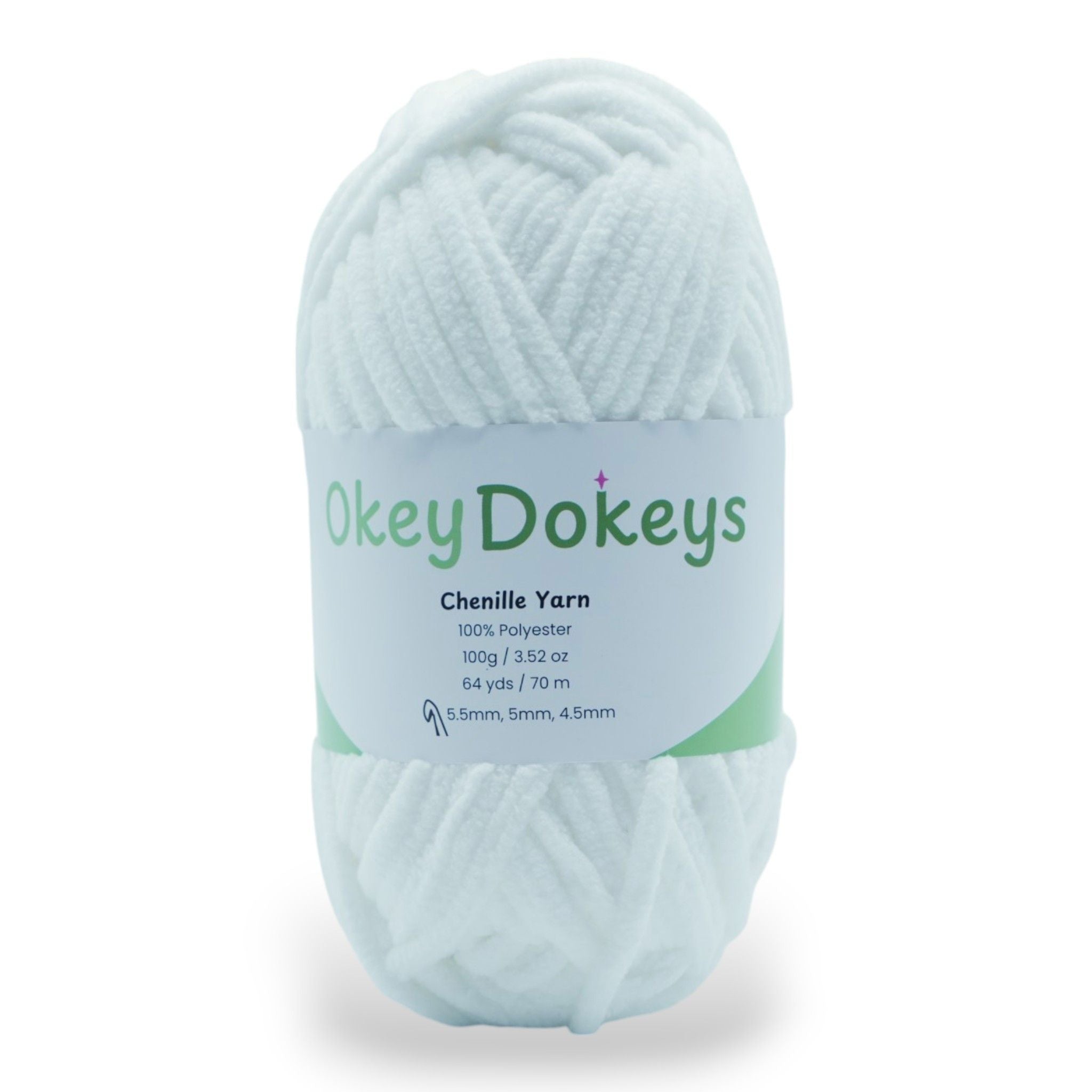 A skein of white chenille yarn labeled Okey Dokeys Chenille Yarn with details of 100% Polyester, 100g, and 3.52 oz. marshmallow fluff white super bulky
