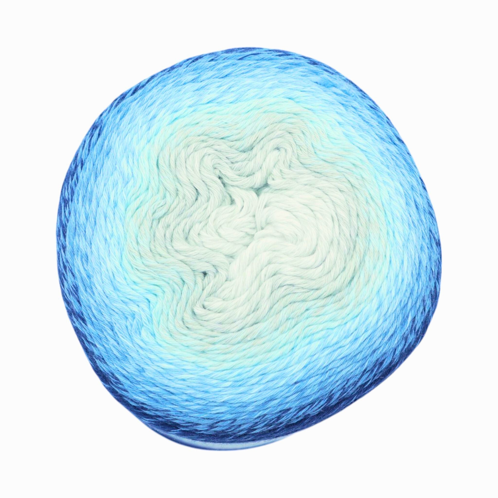 Ball of yarn with a gradient of blue and white on a white background