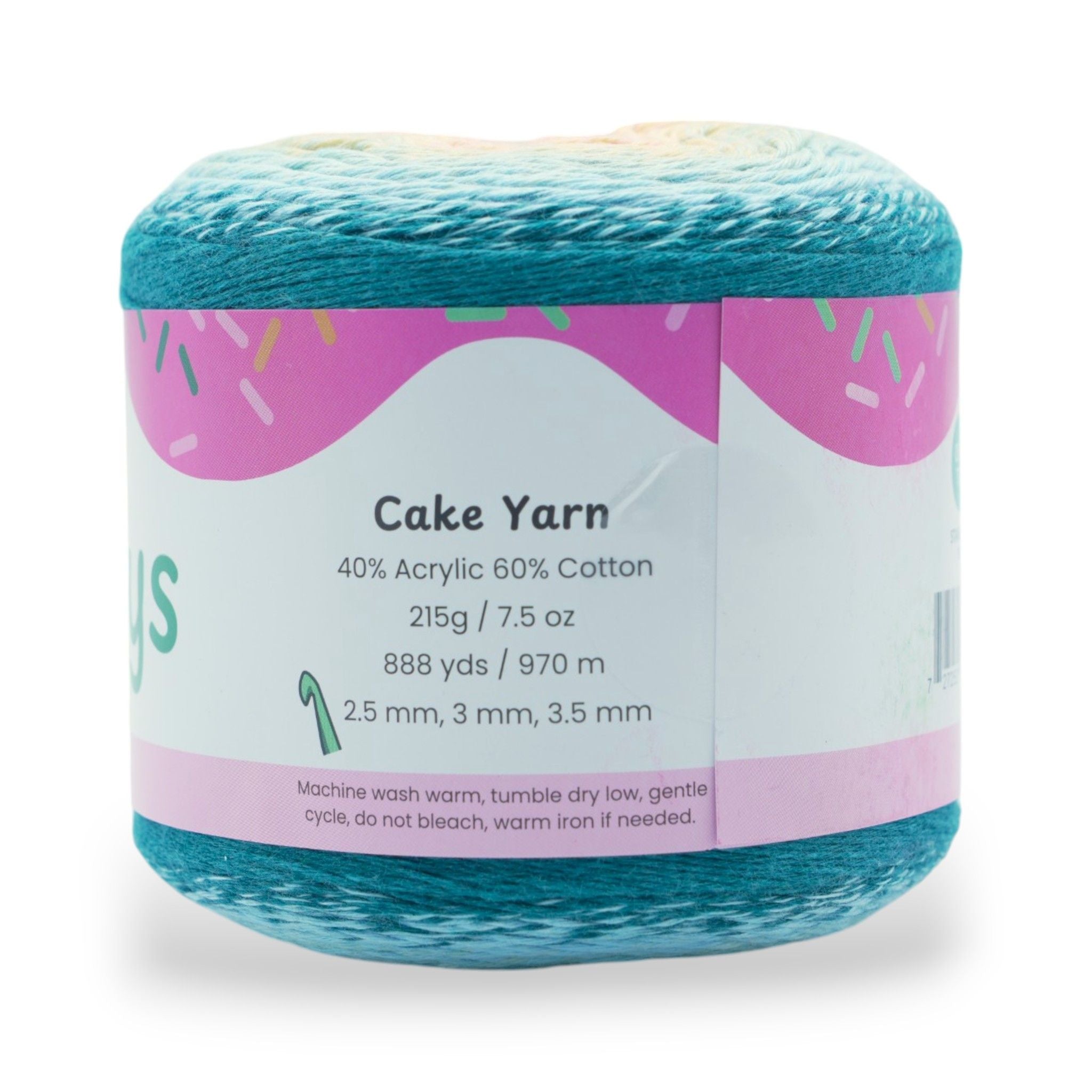 Blue cake yarn with a colorful label on a white background
