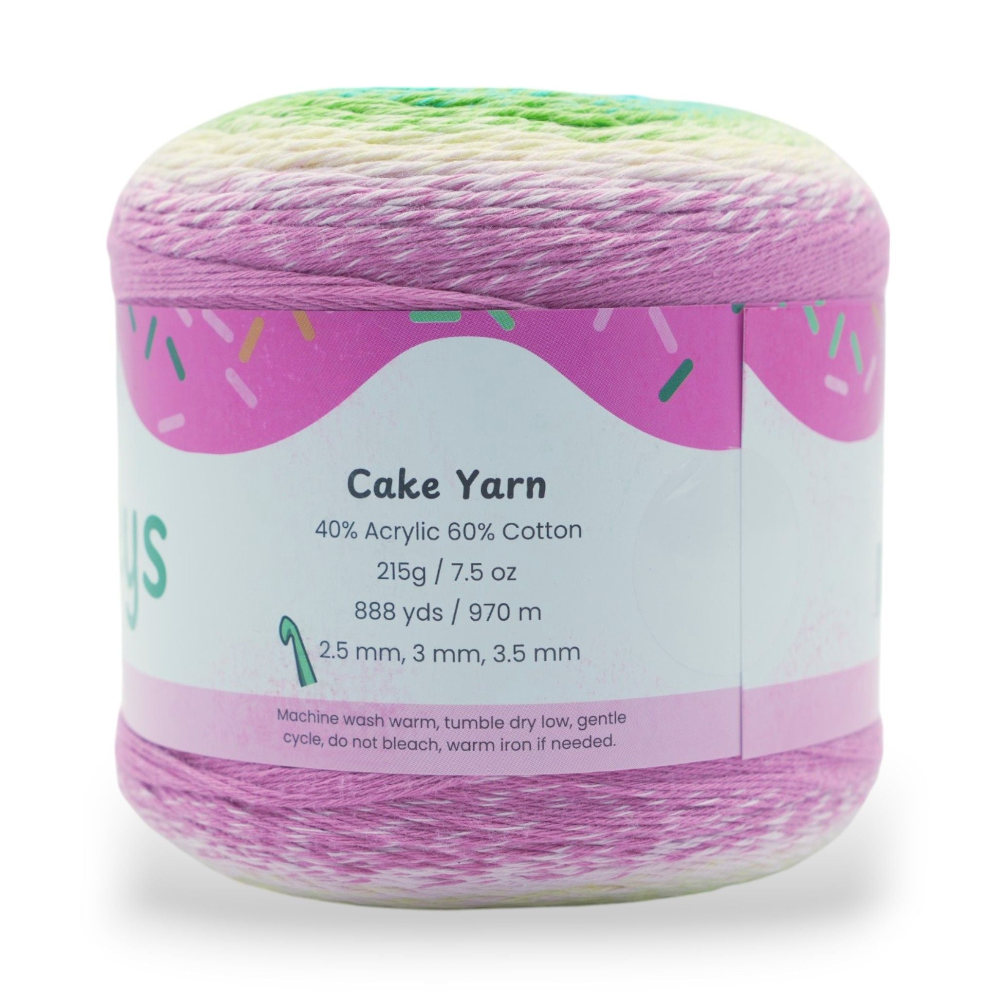 Colorful cake yarn with a label on a white background