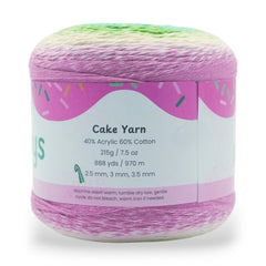 Colorful cake yarn with a label on a white background