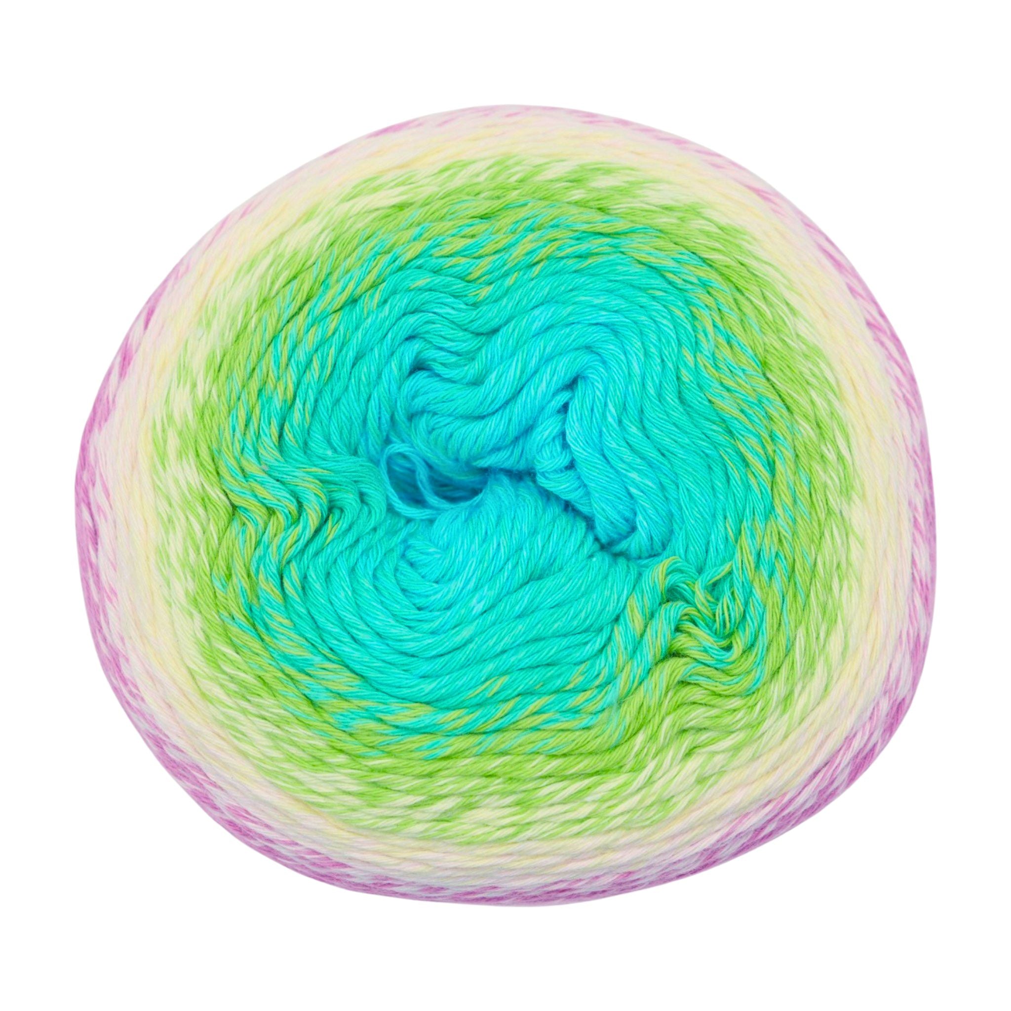 Multicolored yarn ball with green, yellow, and purple hues on a white background