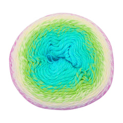 Multicolored yarn ball with green, yellow, and purple hues on a white background
