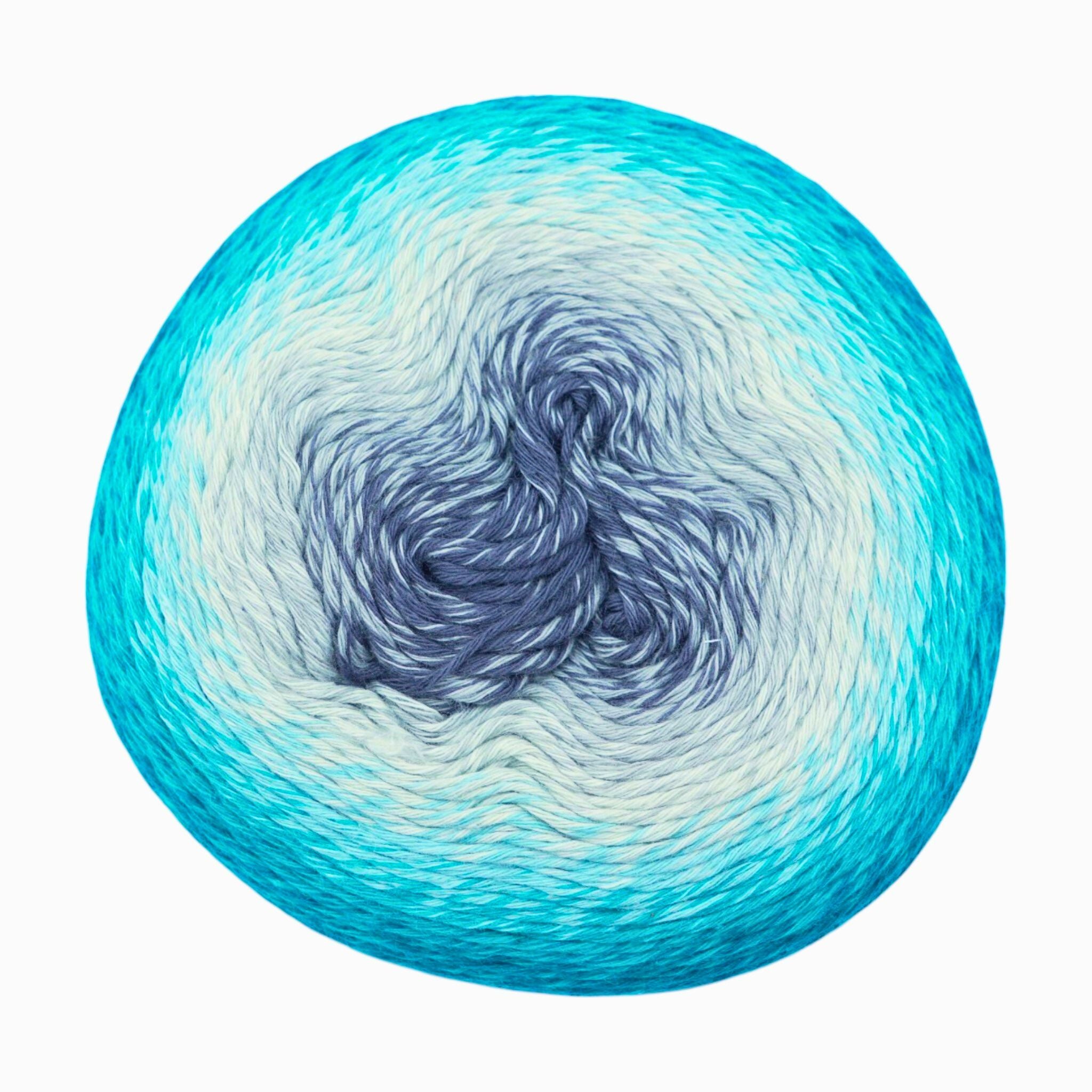 Blue and white yarn ball on a white background