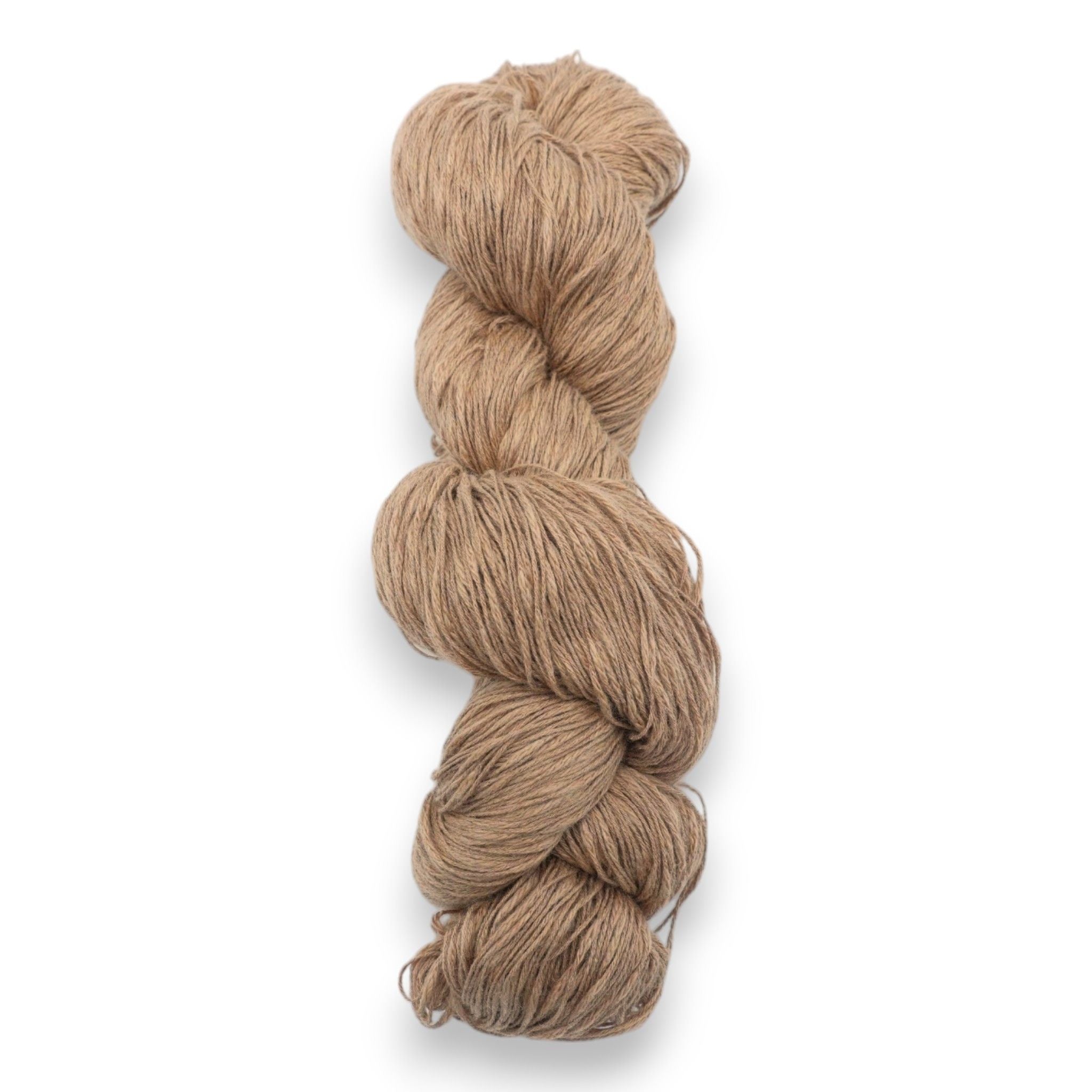 A skein of brown cotton slub yarn.