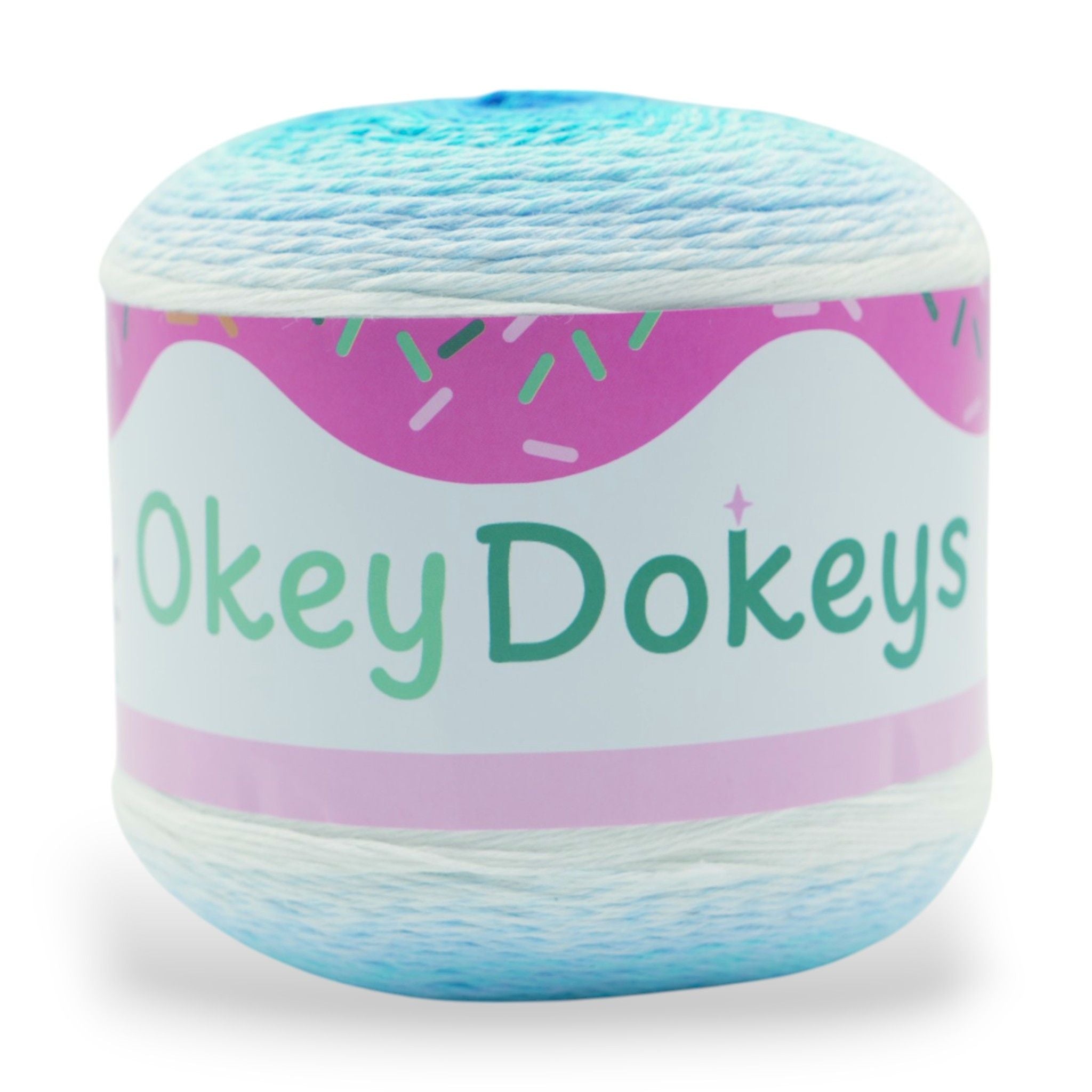 Ball of yarn with Okey Dokeys branding on a white background