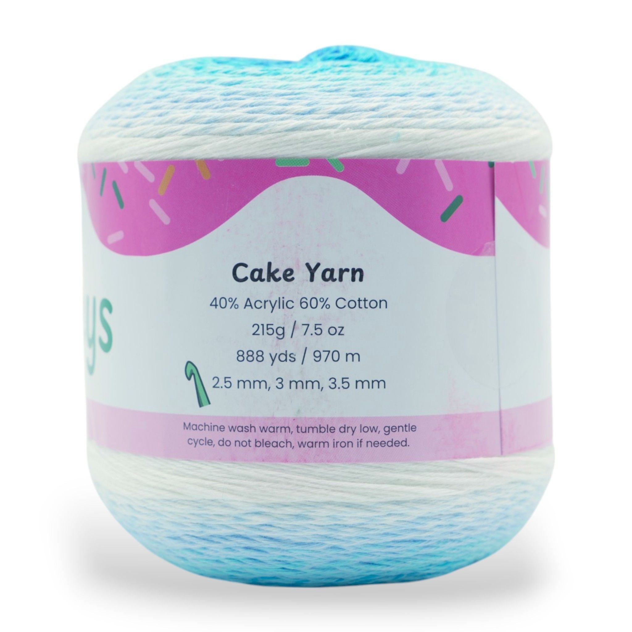 Ball of yarn with colorful packaging labeled Cake Yarn on a white background