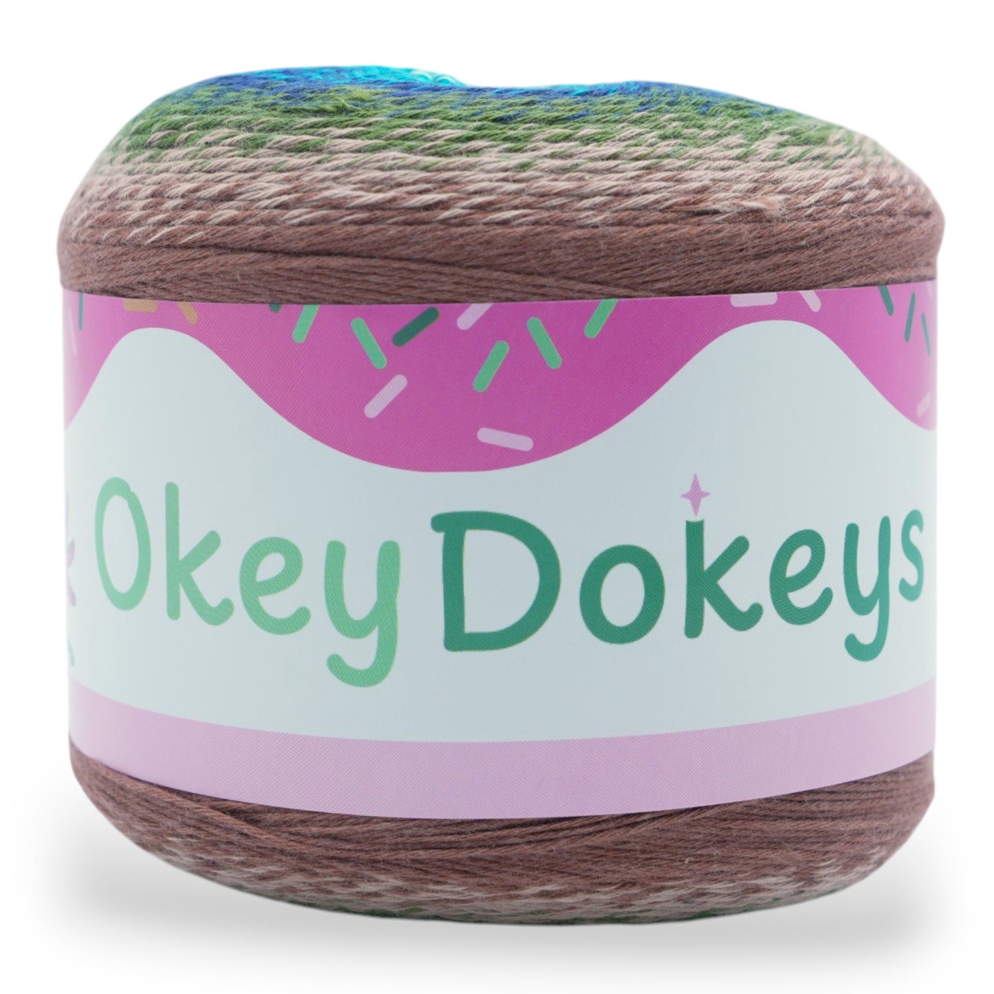 Yarn ball with a colorful label featuring Okey Dokeys on a white background