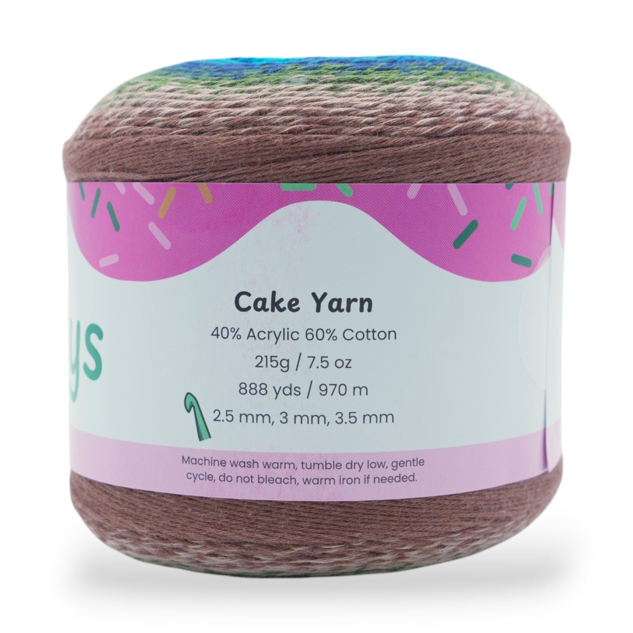 Colorful cake yarn with a label on a white background