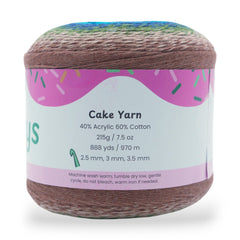 Colorful cake yarn with a label on a white background