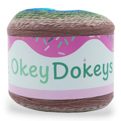 Yarn ball with a colorful label featuring Okey Dokeys on a white background