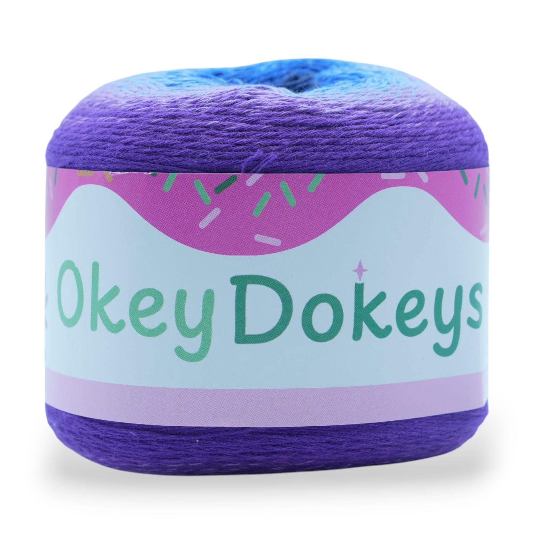 Purple yarn ball with a colorful label on a white background