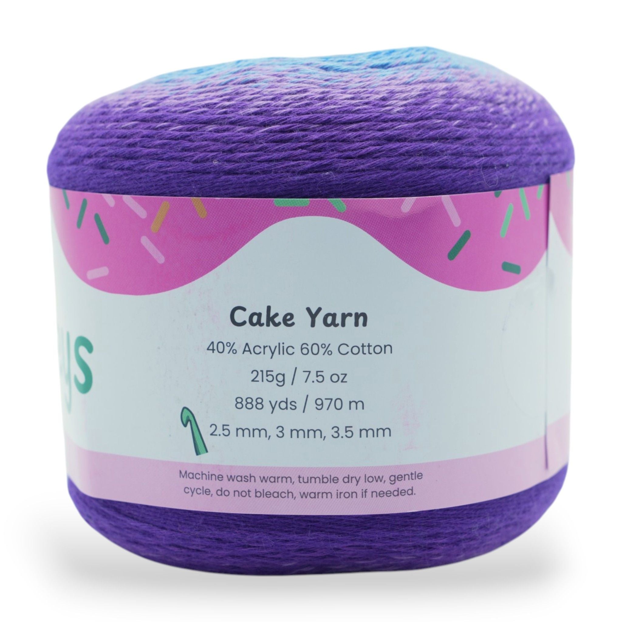 Purple cake-shaped yarn with a colorful label on a white background