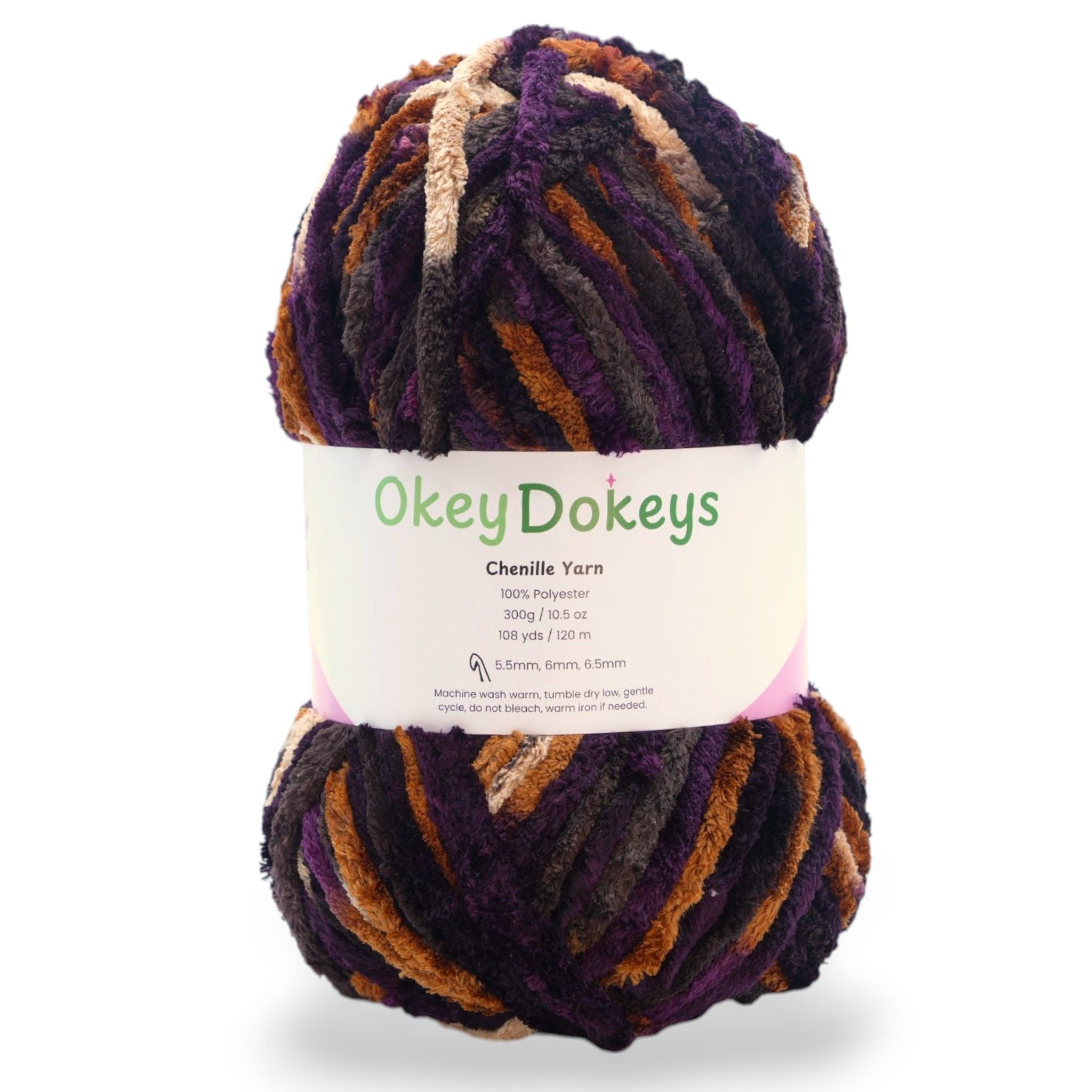 Multicolored skein of yarn with Okey Dokeys label on a white background space dye