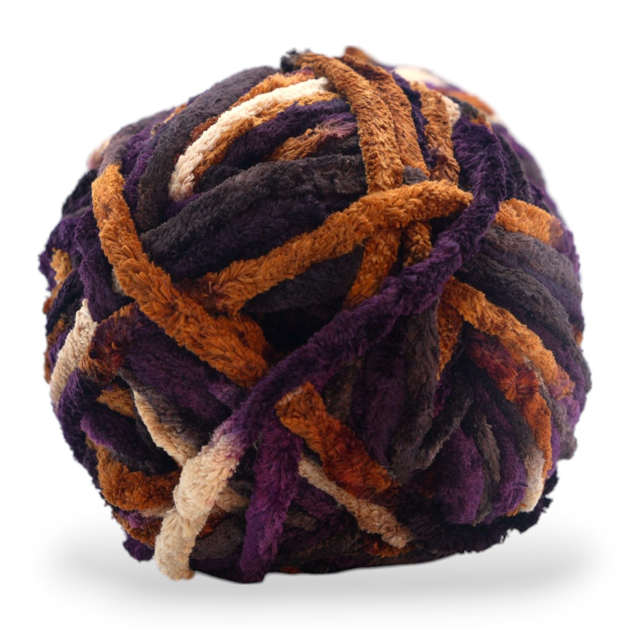 Multicolored skein of yarn with Okey Dokeys label on a white background space dye top view