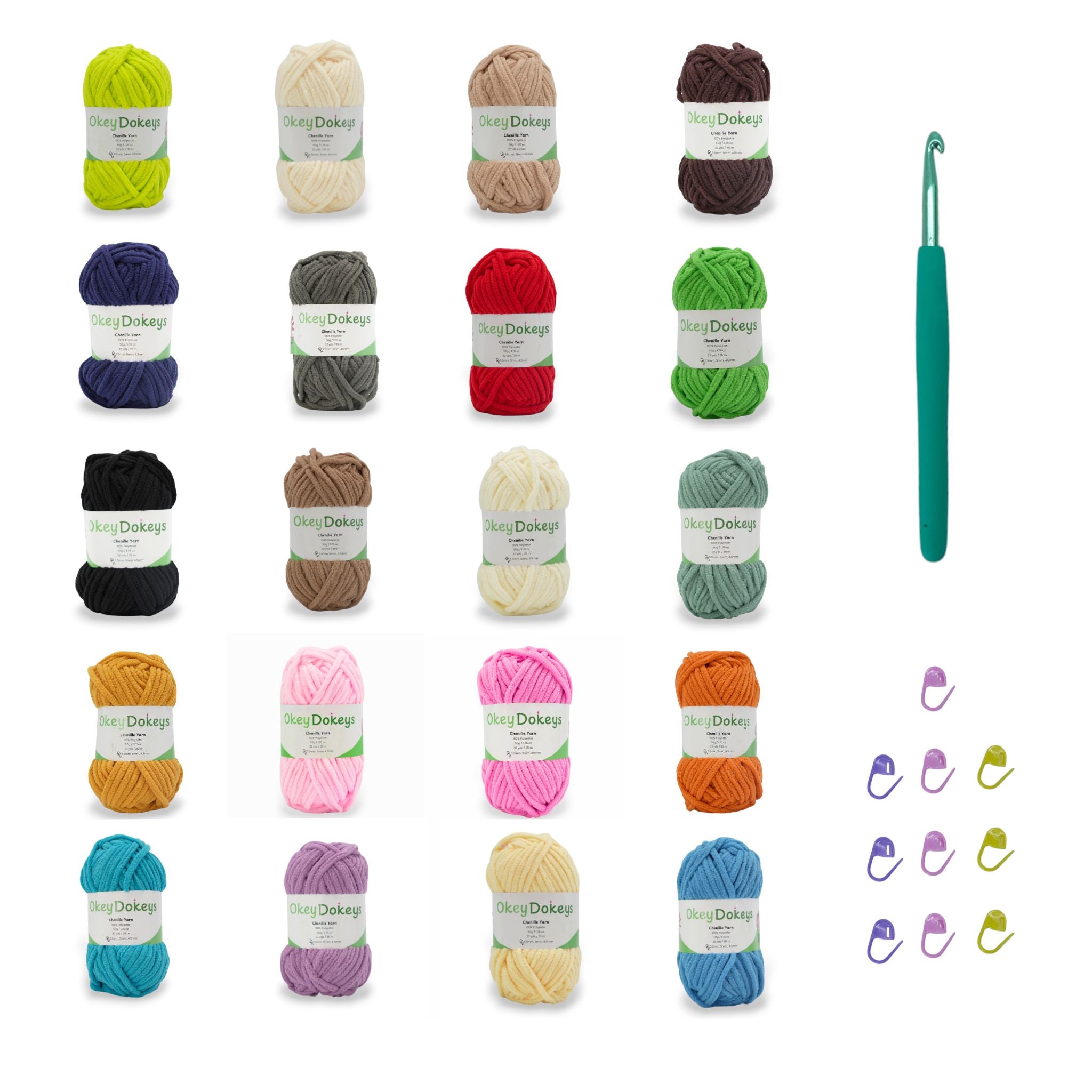 A collection of 20 skeins of super bulky chenille yarn in various colors, accompanied by a crochet hook and stitch markers.