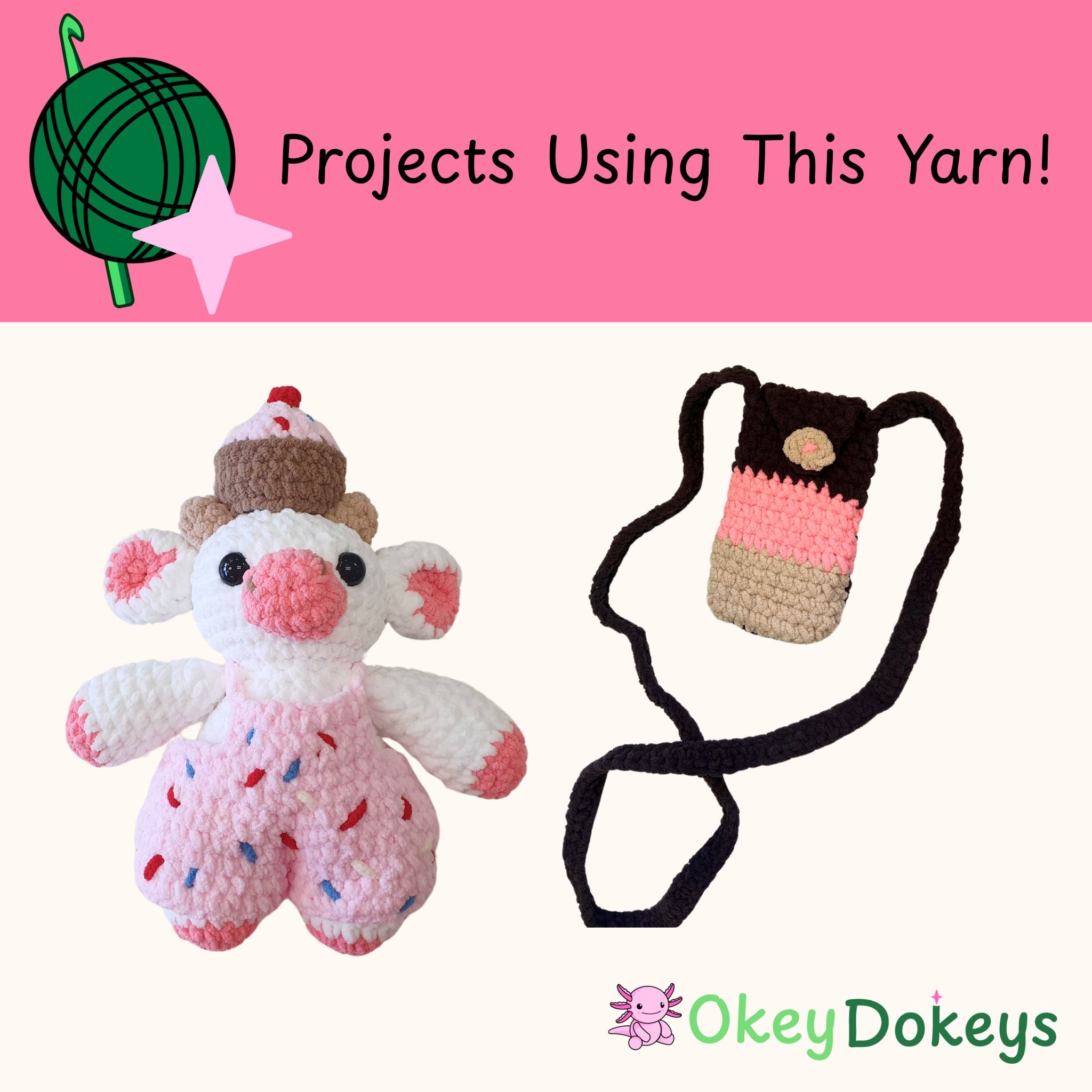 Crocheted items including a pink cow and a p[hone with yarn on a pink background, featuring Okey Dokeys branding.