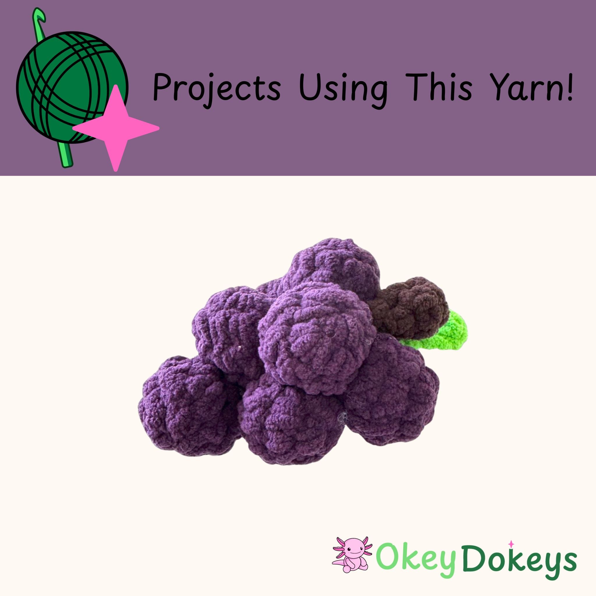 Purple grapes with green leaf on a white background, featuring Okey Dokeys branding.