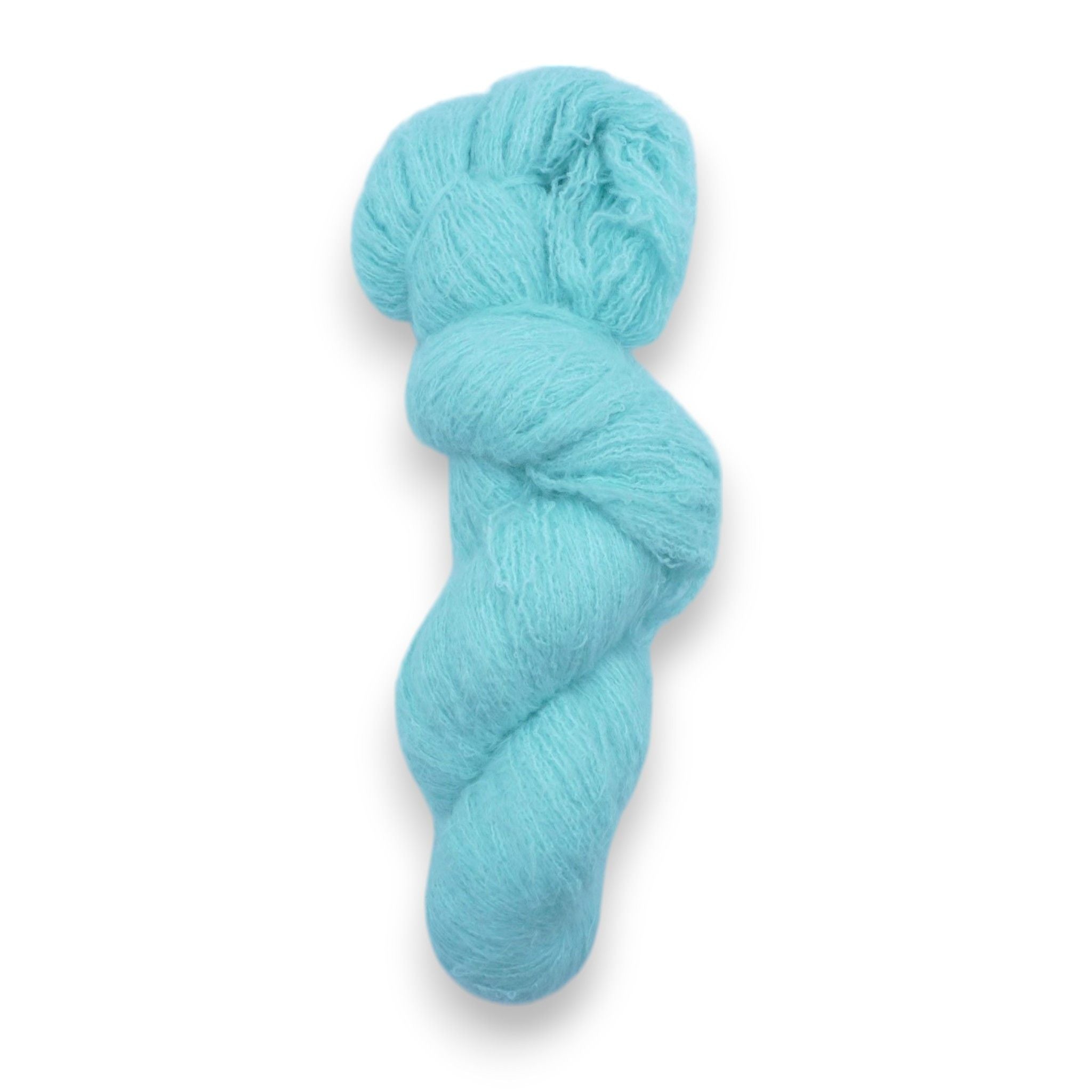A skein of fuzzy lace yarn in a light blue color, displayed against a plain background.