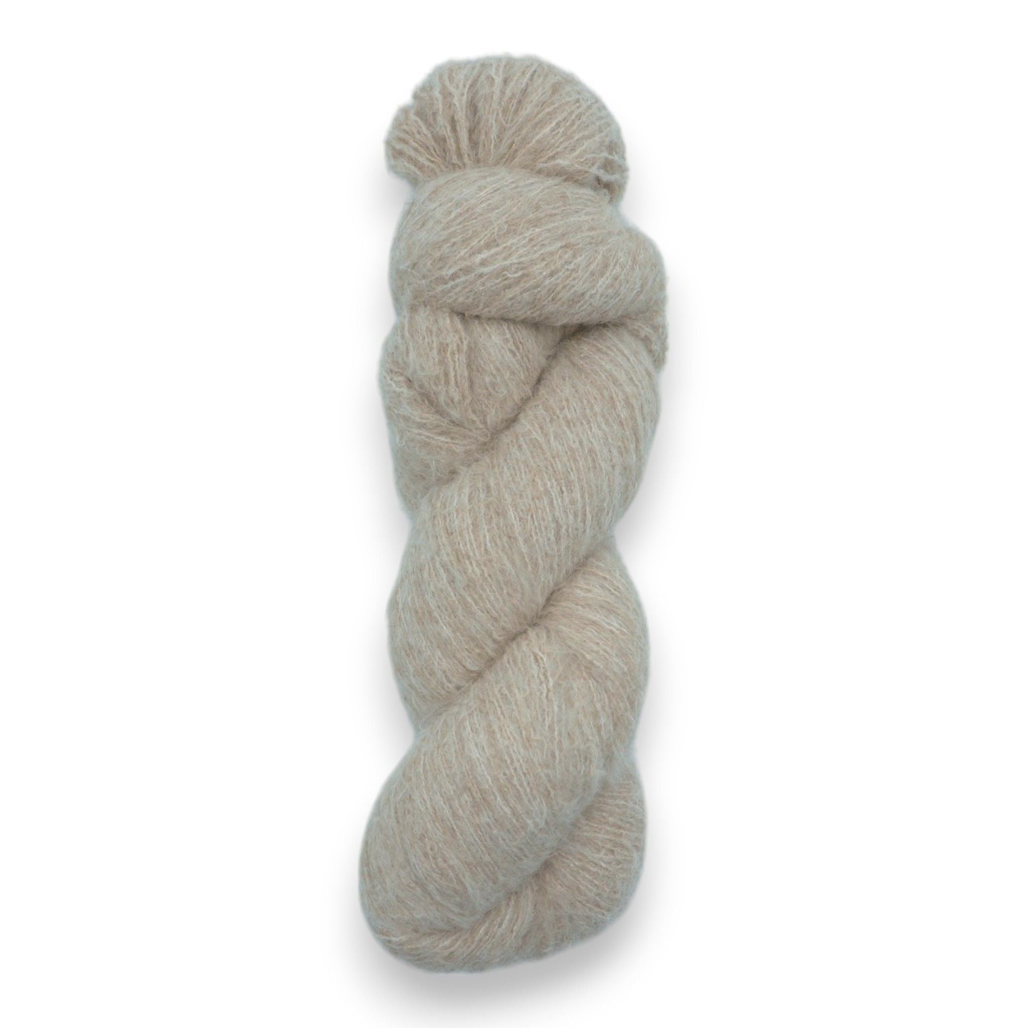 A skein of fuzzy lace yarn in a light brown color, displayed against a plain background.