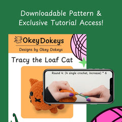 A crochet cat kit by OkeyDokeys, featuring a plush cat toy in orange, pink, and white colors, along with chenille yarn, a crochet hook, safety eyes, stuffing needle, and stitch markers. tutorial on green background