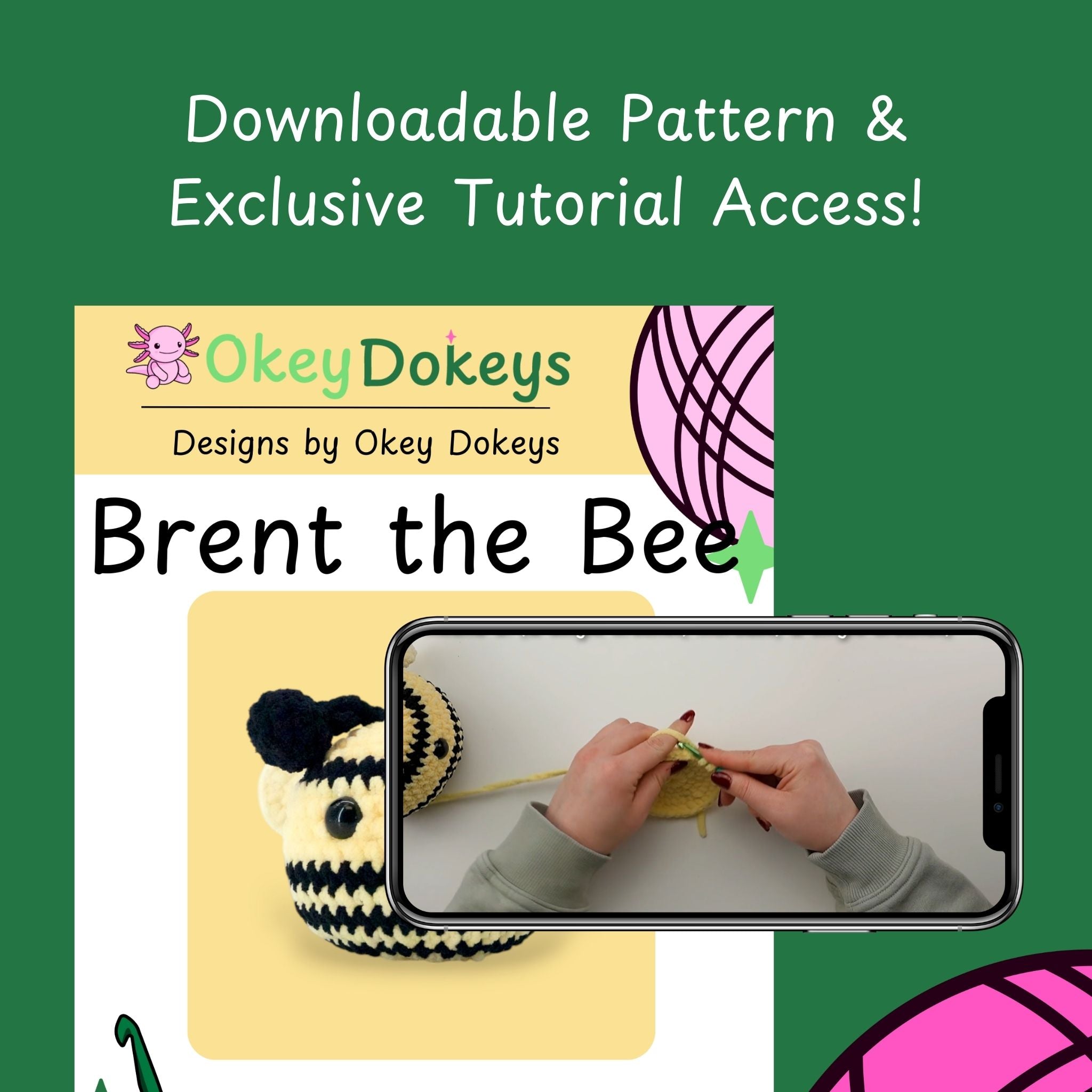 Brent the bee tutorial pattern video example on a green background