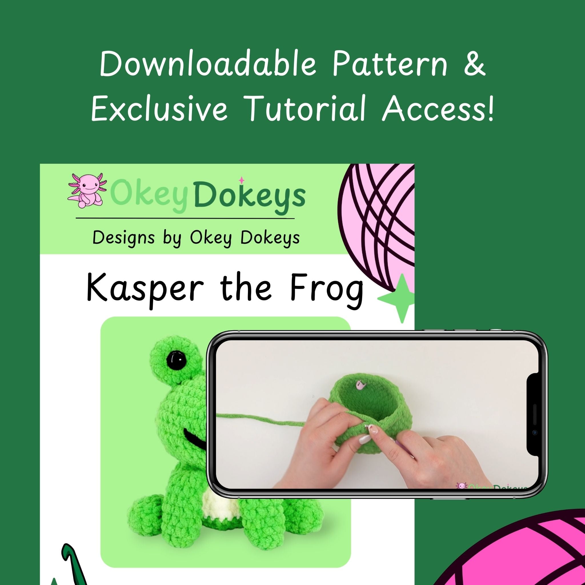 Crochet frog kit tutorial on a green background