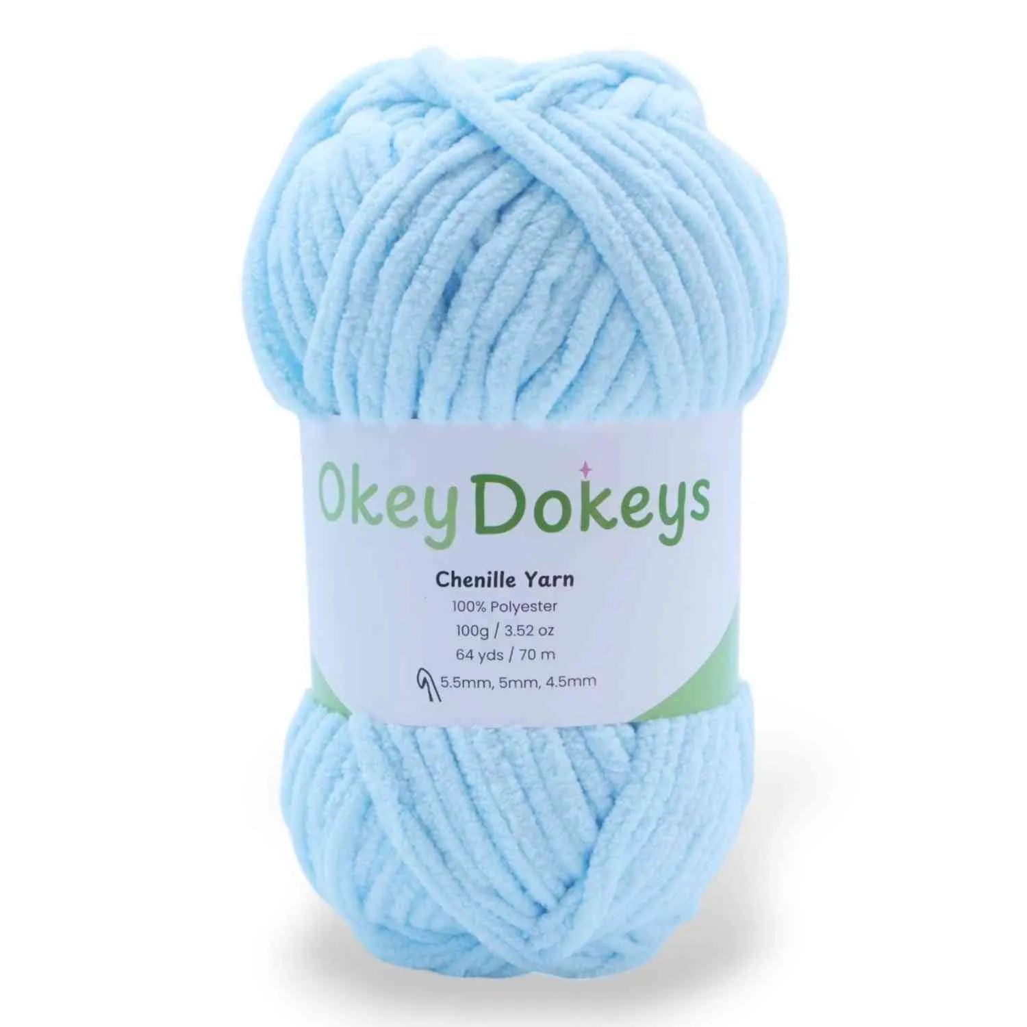 Light blue skein of yarn with 'Okey Dokeys' label on a white background