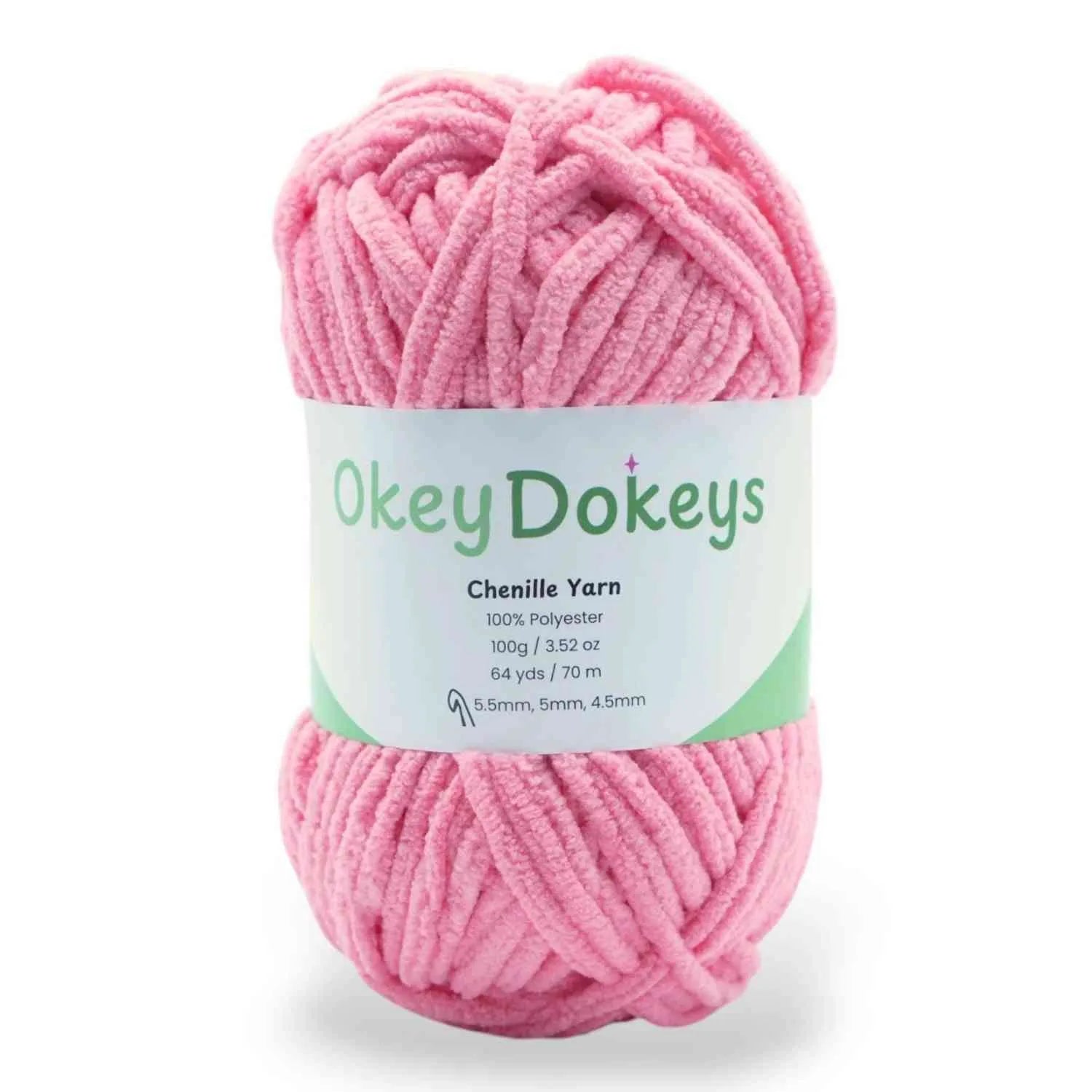 Pink skein of Okey Dokeys Chenille Yarn on a white background