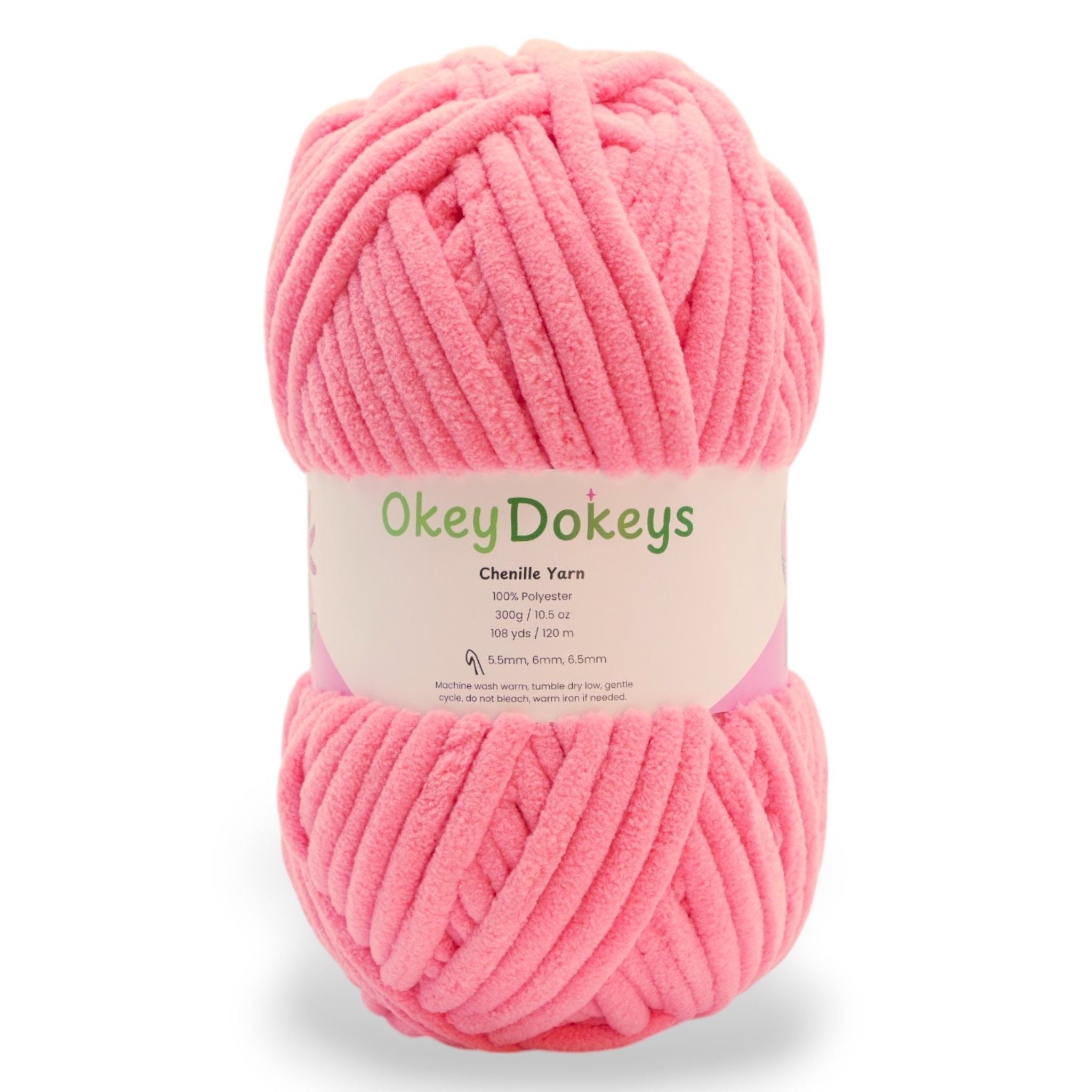 A skein of OkeyDokeys brand jumbo chenille yarn in pink color velvet chenille yarn