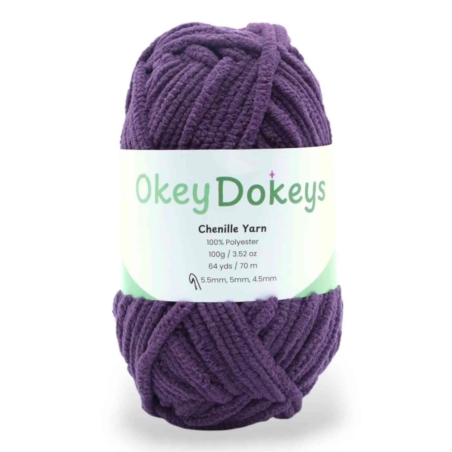 Purple skein of yarn with a 'Okey Dokeys' label on a white background