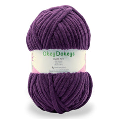 a skein of dark purple size jumbo chenille yarn from okey dokeys