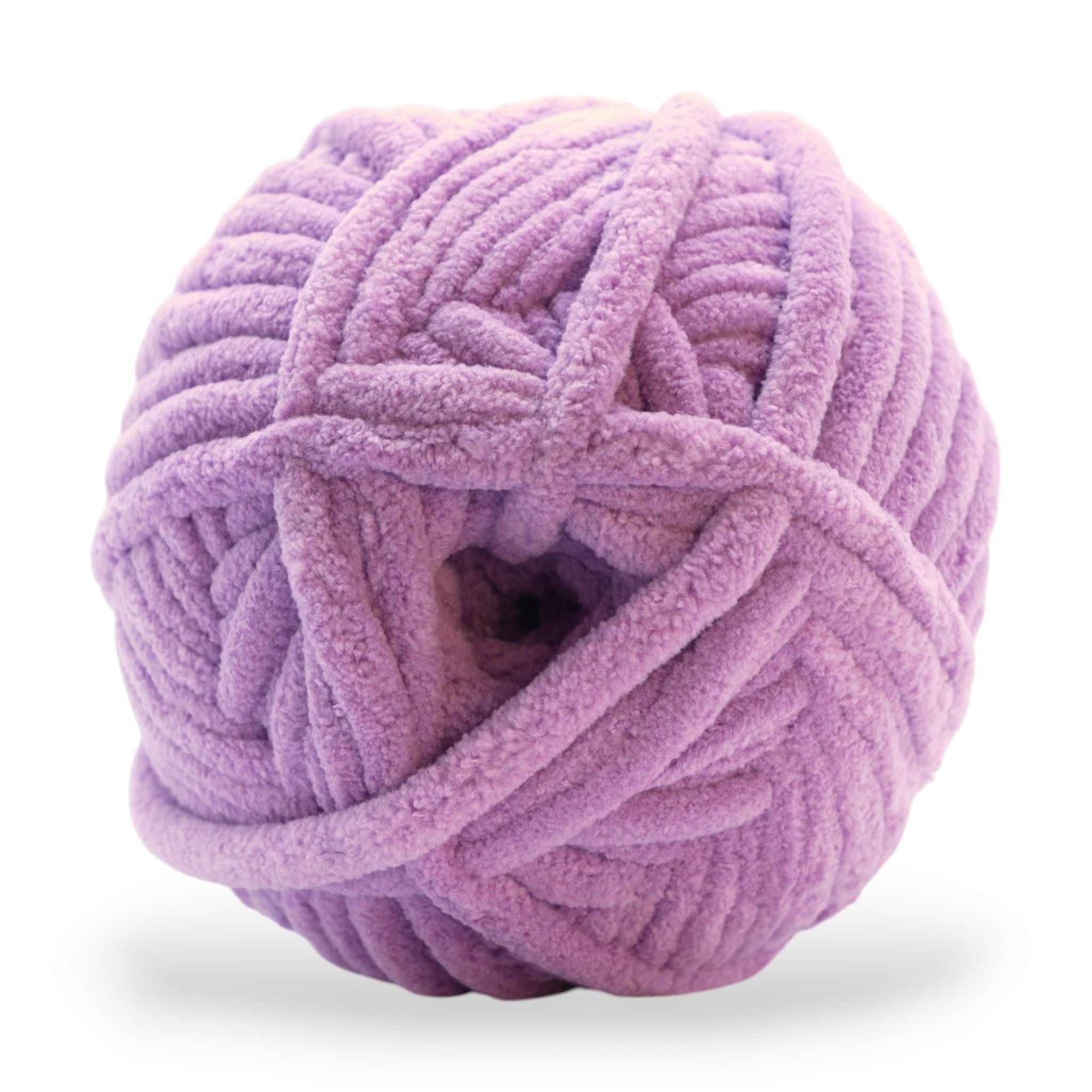 purple chenille chunky yarn skein on its side showing the soft texture