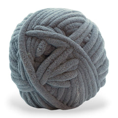 bluish grey colored chenille yarn thats on its side perfect for amigurumi and crocheting