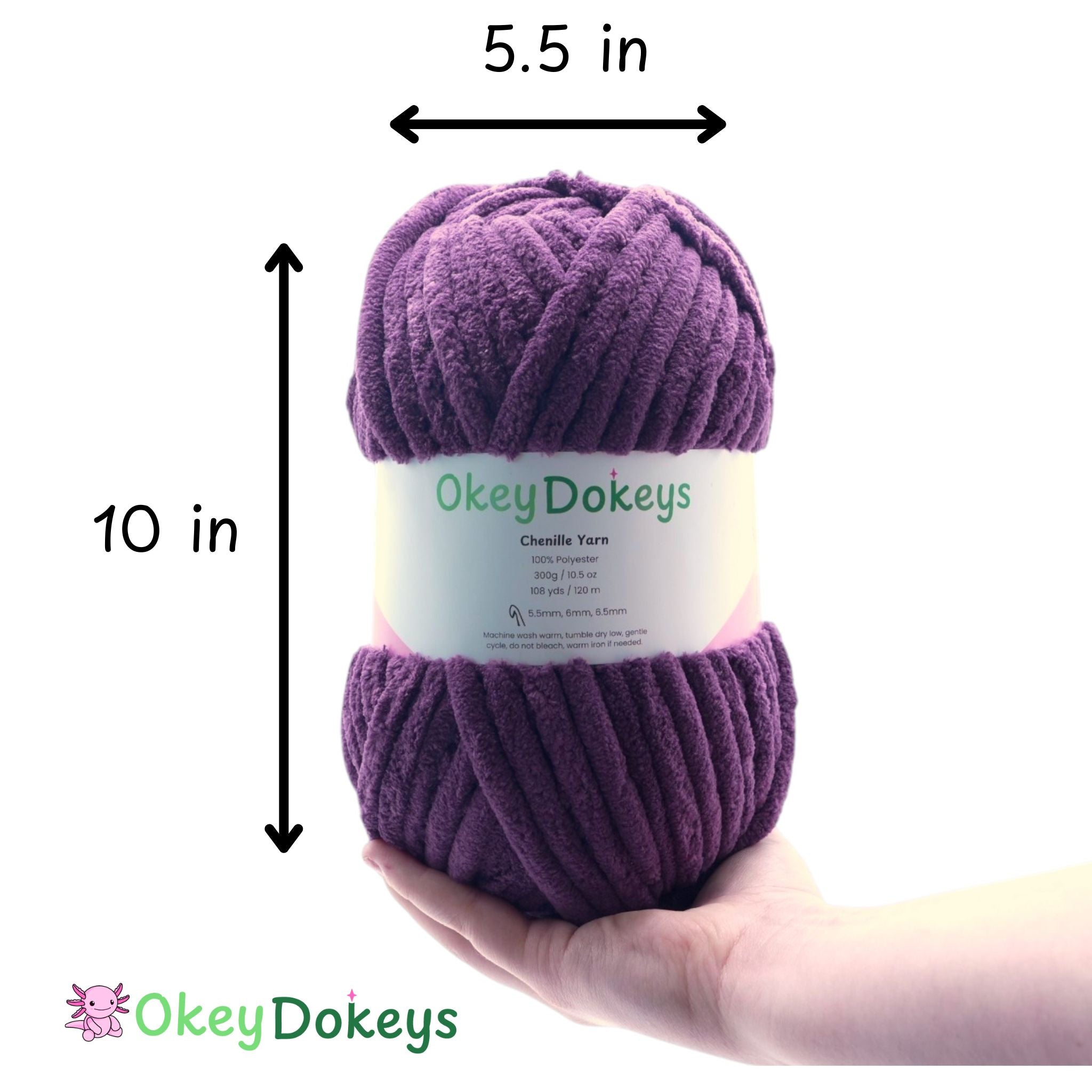 Purple skein of yarn held in a hand with measurements and Okey Dokeys branding.