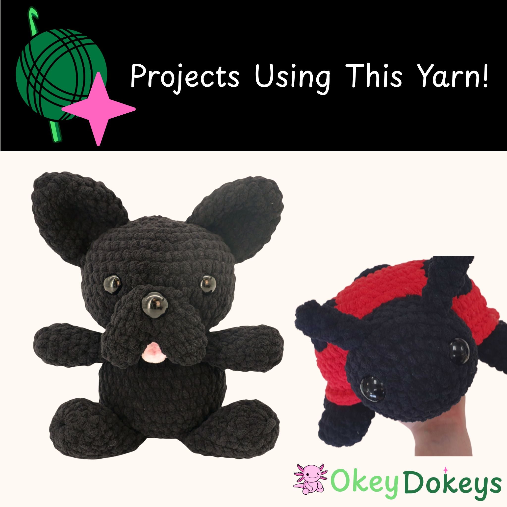 Crocheted black dog toy and red and black ladybug toy with 'Okey Dokeys' branding.