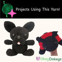 Crocheted black dog toy and red and black ladybug toy with 'Okey Dokeys' branding.