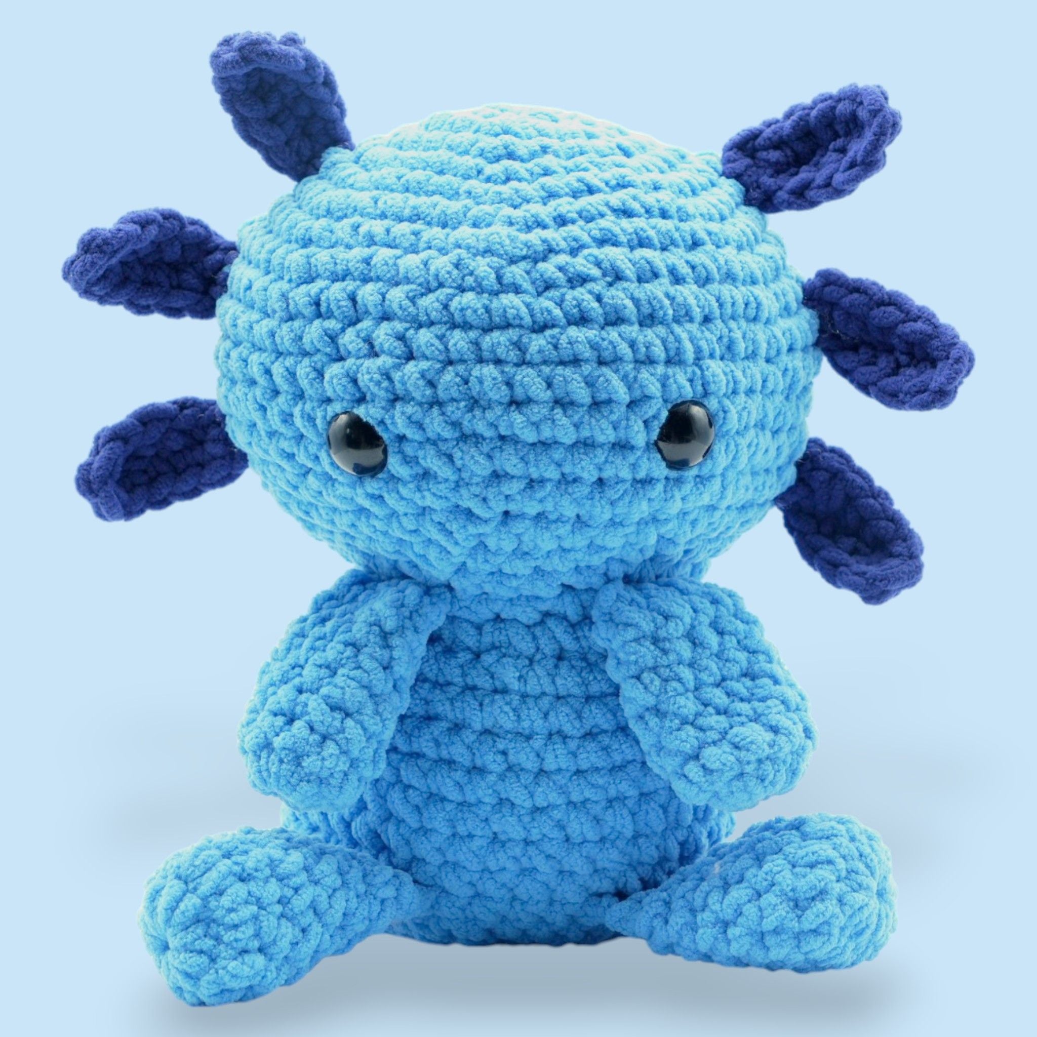blue crochet kawaii axolotl kit to learn to crochet