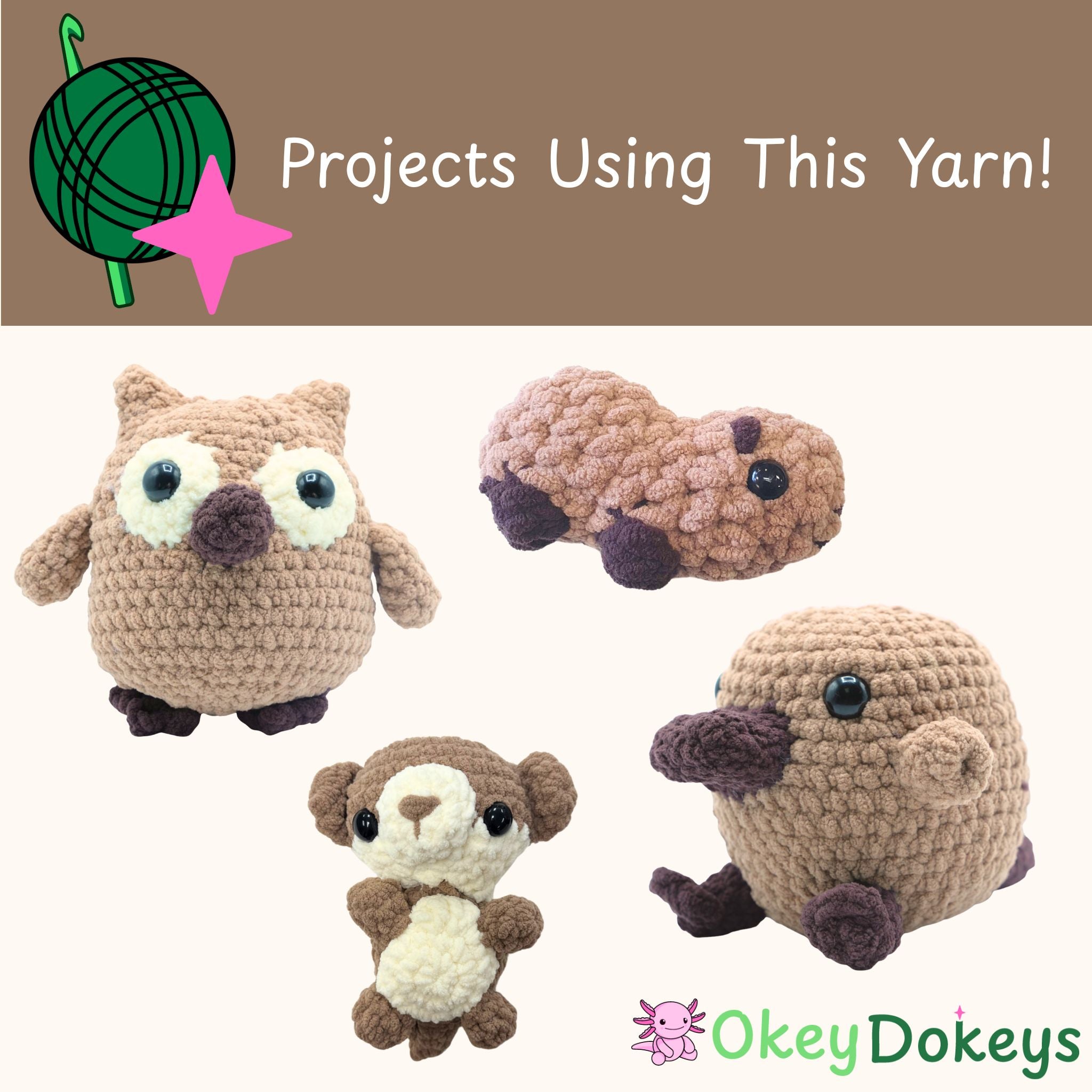 chenille chunky yarn thats brown made into a bunch of cute amigurumi