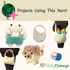 Collection of crochet projects using yarn, including a sheep, dog, and other items, with 'Okey Dokeys' branding.