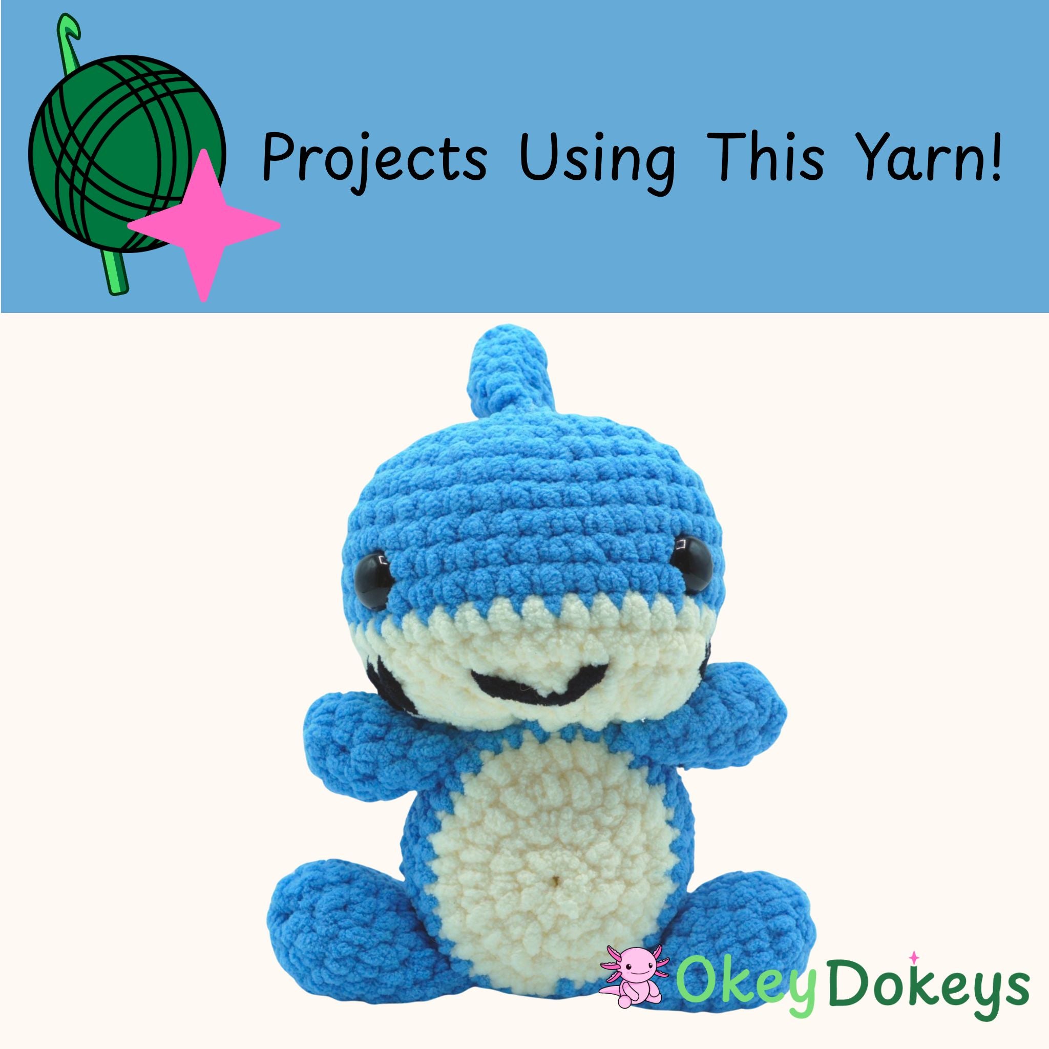 Crocheted blue and white creature with 'Okey Dokeys' branding on a white background