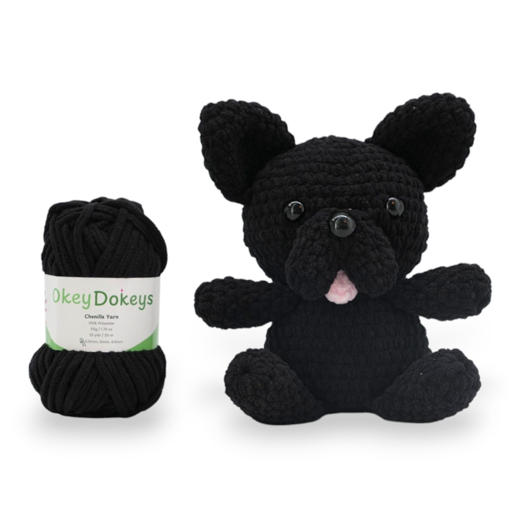 a image of a bulldog crocheted from okeydokeys black bulky chenille yarn