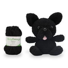 a image of a bulldog crocheted from okeydokeys black bulky chenille yarn