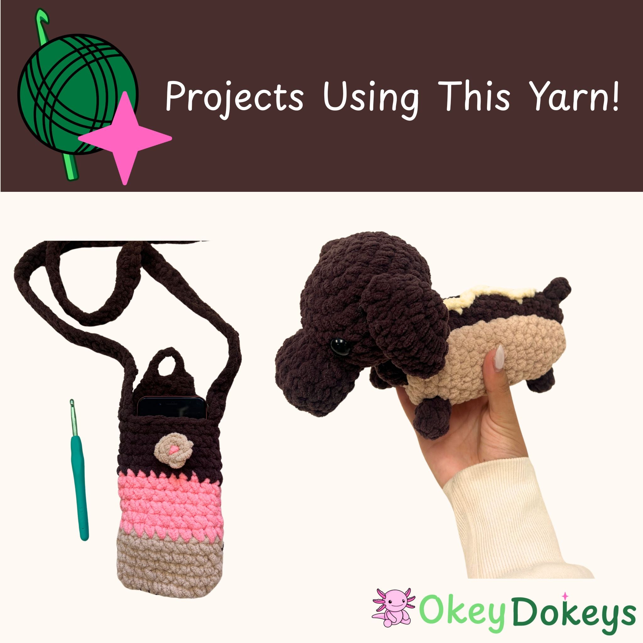 Crocheted items including a bag and a dog-shaped toy, with 'Okey Dokeys' branding.