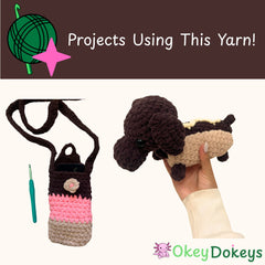 Crocheted items including a bag and a dog-shaped toy, with 'Okey Dokeys' branding.