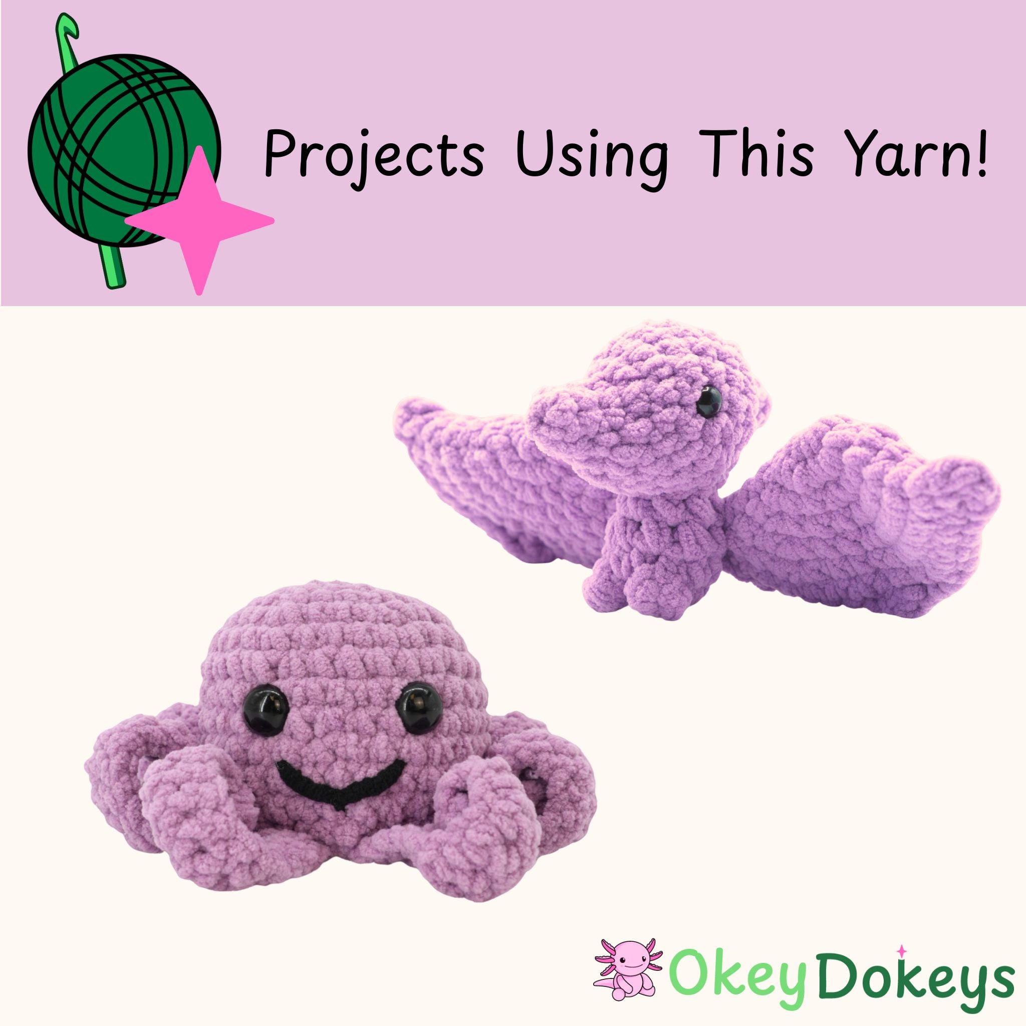 Purple crochet octopus toy with text about yarn projects and brand name on a pink background