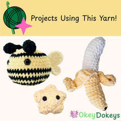 Three crocheted toys (bee, banana, and star) with 'Okey Dokeys' branding on a yellow background.