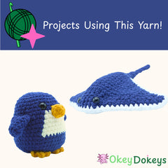 Crocheted penguin and whale with text 'Projects Using This Yarn!' and 'Okey Dokeys' logo.