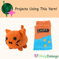 Crocheted super chunky chenille yarn orange cat plush toy and blue pouch with 'CHIPS' text on a beige background, featuring Okey Dokeys branding.