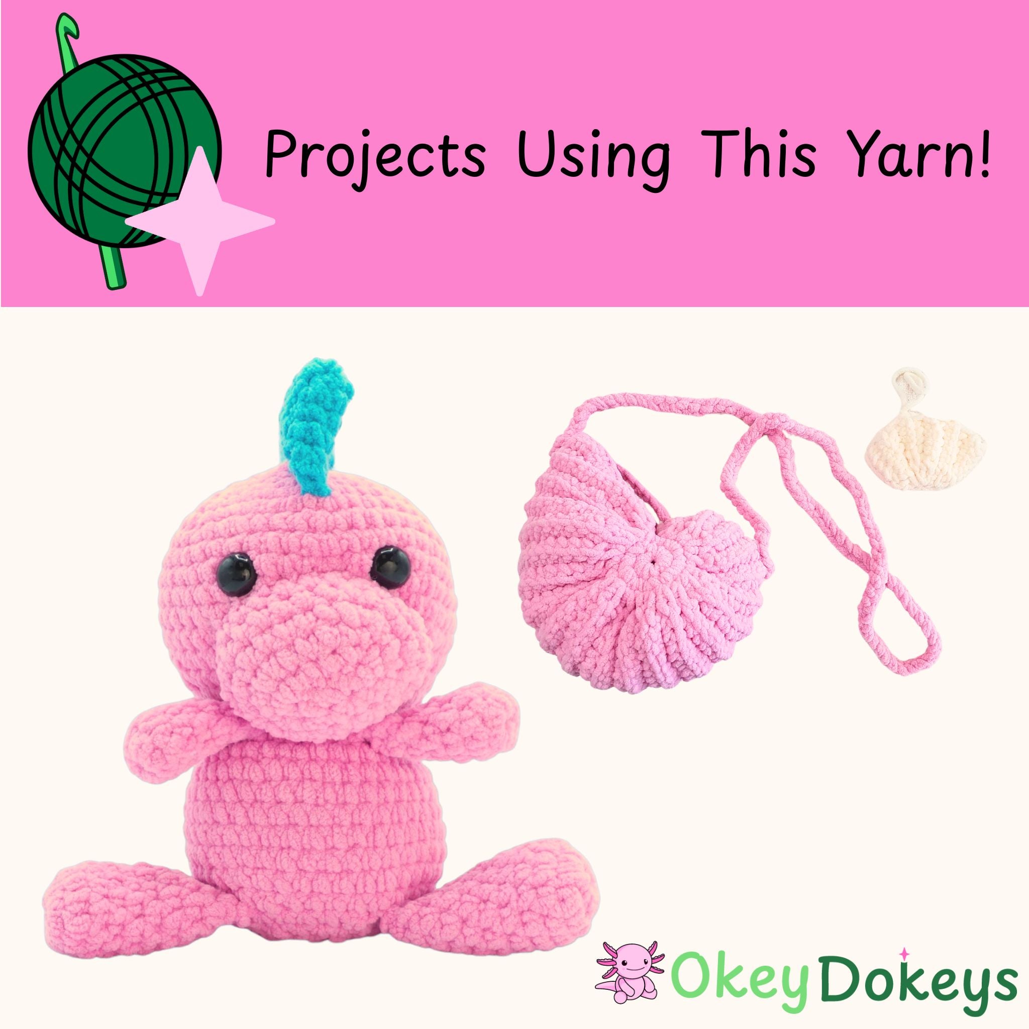 Pink crochet toy with blue hair and a pink yarn ball on a pink background with 'Okey Dokeys' branding.